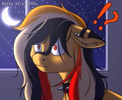 Size: 3728x3068 | Tagged: safe, artist:lightning bolty, imported from derpibooru, oc, oc:lightning bolty, pegasus, pony, backlighting, choker, collar, colored, crescent moon, cute, ear fluff, ear piercing, earring, exclamation point, floppy ears, frown, indoors, jewelry, lighting, long mane, long mane male, looking forward, male, messy mane, moon, moonlight, night, pegasus oc, piercing, question mark, red eyes, shading, signature, solo, spiked choker, spiked collar, stallion, starry night, stars, striped mane, surprised, surprised face, window, yellow, yellow coat