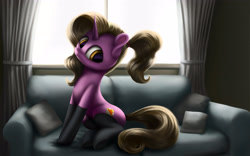 Size: 4000x2500 | Tagged: safe, artist:flusanix, imported from derpibooru, luster dawn, pony, unicorn, clothes, couch, curtains, cute, female, mare, pillow, sitting, socks, solo, window