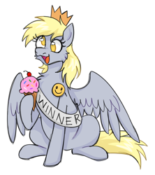 Size: 800x900 | Tagged: safe, artist:mechanakal, derpibooru exclusive, imported from derpibooru, derpy hooves, pegasus, pony, cherry, cross-eyed, crown, cute, derpabetes, female, food, happy, ice cream, ice cream cone, jewelry, mare, open mouth, open smile, regalia, sash, simple background, sitting, smiley face, smiling, solo, spread wings, sprinkles, sticker, white background, wings, winner