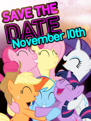 Size: 600x800 | Tagged: safe, imported from derpibooru, applejack, fluttershy, pinkie pie, rainbow dash, rarity, twilight sparkle, applejack's hat, cowboy hat, discovery family, discovery kids, hat, hug, mane six, nostalgia, november, text