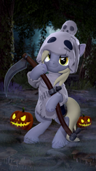 Size: 2160x3840 | Tagged: safe, artist:owlpirate, imported from derpibooru, derpy hooves, pegasus, pony, 3d, 4k, bipedal, clothes, costume, female, grim reaper, halloween, halloween costume, high res, holiday, hoof hold, jack-o-lantern, looking at you, mare, pumpkin, scythe, smiling, smiling at you, solo, source filmmaker, unshorn fetlocks