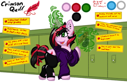 Size: 2052x1352 | Tagged: safe, artist:aryn, imported from derpibooru, oc, oc:crimson quill, pony, unicorn, clothes, hoodie, lockers, magic, reference sheet, school, smiling, solo, stockings, thigh highs