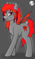 Size: 2106x3517 | Tagged: safe, artist:audio_bass, imported from derpibooru, oc, oc:jersey marder, bat pony, pony, abstract background, bandage, bat wings, chest fluff, crossed legs, cutie mark, fangs, female, full body, gray background, looking at you, red eyes, red mane, simple background, solo, standing, tail, wings