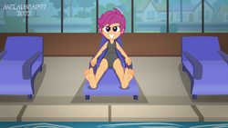 Size: 8000x4500 | Tagged: safe, artist:metalhead97, imported from derpibooru, scootaloo, human, equestria girls, equestria girls series, barefoot, chair, clothes, cute, cutealoo, feet, female, indoors, looking at you, one-piece swimsuit, reclining, show accurate, smiling, smiling at you, soles, solo, swimming pool, swimsuit