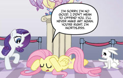 Size: 1095x697 | Tagged: safe, artist:tonyfleecs, idw, imported from derpibooru, angel bunny, fluttershy, rarity, pegasus, pony, rabbit, unicorn, my little pony micro-series, spoiler:comic, animal, dejected, dialogue, female, g4, glasses, male, mare, open mouth, sad, trio