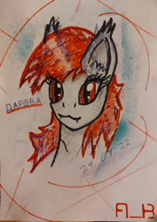 Size: 940x1326 | Tagged: safe, artist:audio_bass, imported from derpibooru, oc, oc:jersey marder, bat pony, bust, cute, fangs, female, marker drawing, portrait, red eyes, red mane, solo, traditional art