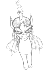 Size: 458x667 | Tagged: safe, artist:jargon scott, imported from derpibooru, oc, oc only, alicorn, demon, demon pony, pony, bat wings, fangs, female, glare, grayscale, looking at you, mare, monochrome, simple background, solo, white background, wings