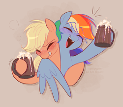 Size: 2465x2163 | Tagged: safe, artist:syrupyyy, imported from derpibooru, applejack, rainbow dash, earth pony, pegasus, pony, appledash, blushing, bust, cider, cute, dashabetes, drunk, drunk aj, drunker dash, eyes closed, female, g4, happy, hug, jackabetes, lesbian, mare, ponytober, shipping, winghug, wings