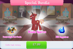 Size: 1270x856 | Tagged: safe, idw, imported from derpibooru, blade sparxx, zesty gourmand, pony, unicorn, barricade, bundle, cart, costs real money, cupcake, english, food, gameloft, horn, idw showified, male, numbers, official, pillow, red coat, red fur, sale, short mane, short tail, solo, solo focus, stallion, stubble, tail, text, wheel, yellow mane, yellow tail