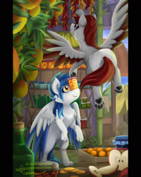 Size: 1224x1533 | Tagged: safe, artist:crowneprince, artist:crowneprints, imported from derpibooru, oc, oc only, oc:aurora, oc:skyfire lumia, pegasus, wolf, wolf pony, apple, bamboo, banana, bits, blueberry, bottle, butt, colored wings, daytime, detailed background, duo, duo female, female, flying, fruit, happy, jar, lesbian, market, orange, painting, paw pads, paws, pegasus oc, plot, purple eyes, scenery, shelf, stand, standing, standing on two hooves, two toned wings, watermelon, wings, yellow eyes