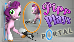 Size: 1920x1080 | Tagged: safe, artist:pika-robo, imported from derpibooru, pipp petals, pegasus, pony, series:pipp plays, 3d, fake thumbnail, female, g4, g5, g5 to g4, gamer pipp, gaming headset, generation leap, headset, hoof hold, let's play, looking at you, mare, portal, portal (valve), portal gun, portals, smiling, smiling at you, source filmmaker, video game, wings, youtube thumbnail