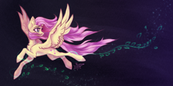 Size: 2000x1000 | Tagged: safe, artist:jsunlight, imported from derpibooru, fluttershy, pegasus, pony, chest fluff, ear fluff, flying, g4, leg fluff, long mane, long tail, looking back, raised hoof, slim, solo, spread wings, tail, wallpaper, windswept mane, windswept tail, wing fluff, wings