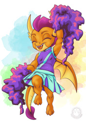 Size: 955x1351 | Tagged: safe, artist:mysticalpha, imported from derpibooru, smolder, dragon, cheerleader, cheerleader outfit, cheerleader smolder, clothes, cute, dragoness, eyes closed, female, happy, open mouth, open smile, pom pom, smiling, smolderbetes, solo
