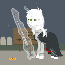 Size: 2000x2000 | Tagged: safe, imported from derpibooru, oc, oc only, oc:κασσάνδρα, alicorn, pony, candy, food, magic, sign, solo, sword, telekinesis, weapon