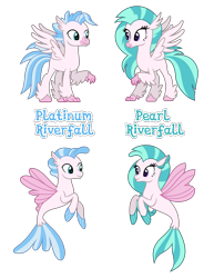 Size: 3637x4713 | Tagged: source needed, safe, anonymous artist, imported from derpibooru, oc, oc only, oc:pearl riverfall, oc:platinum riverfall, hippogriff, seapony (g4), absurd resolution, beak, brother, brother and sister, claws, closed mouth, eyelashes, eyes open, family, female, fins, hooves, implied incest, incest, looking at each other, looking at someone, male, name, nostrils, offspring, parent:silverstream, parent:terramar, parents:hippocest, parents:terrastream, product of incest, siblings, simple background, sister, spread wings, standing, text, transparent background, twins, wings