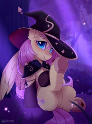 Size: 1522x2048 | Tagged: safe, artist:sonigiraldo, imported from derpibooru, fluttershy, pegasus, pony, butt, chest fluff, clothes, cosplay, costume, ear fluff, featureless crotch, forest background, genshin impact, halloween, halloween costume, hat, holiday, mona (genshin impact), plot, raised hoof, sitting, smiling, socks, solo, witch costume, witch hat