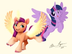 Size: 2048x1536 | Tagged: safe, artist:allisonpopick, imported from derpibooru, sunny starscout, twilight sparkle, alicorn, pony, duo, g4, g5, my little pony: a new generation, race swap, simple background, spread wings, sunny and her heroine, sunnycorn, twilight sparkle (alicorn), wings