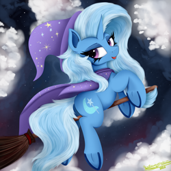 Size: 4000x4000 | Tagged: safe, artist:ser-p, imported from derpibooru, trixie, pony, unicorn, absurd resolution, broom, butt, cape, clothes, female, flying, flying broomstick, frog (hoof), hat, horn, looking at you, looking back, looking back at you, mare, plot, signature, solo, trixie's cape, trixie's hat, underhoof, wizard hat