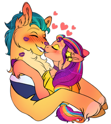 Size: 1280x1432 | Tagged: safe, artist:malinraf1615, imported from derpibooru, hitch trailblazer, sunny starscout, earth pony, pony, blushing, deviantart watermark, female, g5, kiss mark, kissing, lipstick, male, obtrusive watermark, shipping, simple background, straight, sunnyhitch, transparent background, watermark