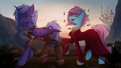 Size: 3840x2160 | Tagged: safe, artist:alicetriestodraw, imported from derpibooru, princess luna, oc, alicorn, earth pony, pony, annoyed, armor, boots, bush, canterlot, cape, chainmail, clothes, commission, complex background, crossover, female, geralt of rivia, grass, high res, horn, male, mare, mountain, music notes, outdoors, ponified, s1 luna, scar, scarred, shoes, singing, stallion, stone, sword, the witcher, walking, watermark, weapon, witcher