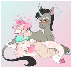 Size: 2048x1927 | Tagged: safe, artist:dozyarts, imported from derpibooru, discord, oc, oc:dozy, draconequus, blushing, canon x oc, female, heart, horn, lying down, pony discord, prone, species swap