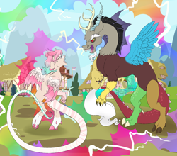 Size: 3300x2900 | Tagged: safe, artist:dozyarts, imported from derpibooru, discord, oc, oc:dozy, draconequus, angry, chaos, female, fight, high res, magic, ponyville