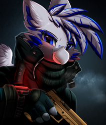 Size: 2532x3003 | Tagged: safe, artist:pridark, imported from derpibooru, oc, oc only, oc:light speed, anthro, griffon, blue eyes, bust, clothes, commission, eyelashes, female, fingerless gloves, gloves, griffon oc, high res, looking at you, portrait