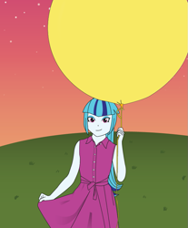 Size: 683x826 | Tagged: safe, artist:hakdurbin, imported from derpibooru, sonata dusk, human, equestria girls, balloon, clothes, cute, dress, dusk, female, grass, grass field, looking at you, smiling, smiling at you, sonatabetes, stars, sunset