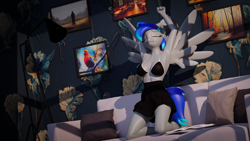 Size: 3840x2160 | Tagged: safe, artist:arcanetesla, imported from derpibooru, oc, oc only, anthro, pegasus, 3d, armpits, bikini, bikini top, blender, blender cycles, clothes, couch, eyes closed, female, skirt, solo, spread wings, stretching, swimsuit, wings