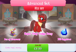 Size: 1268x864 | Tagged: safe, idw, imported from derpibooru, zesty gourmand, earth pony, pony, brown mane, brown tail, bundle, costs real money, ear piercing, earring, english, female, fireworks, gameloft, idw showified, jewelry, mare, necklace, nose piercing, numbers, official, piercing, red coat, red fur, sale, solo, solo focus, super chef judge pony, tail, text