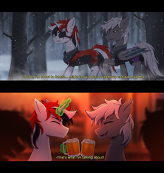 Size: 3840x4047 | Tagged: safe, artist:alicetriestodraw, imported from derpibooru, oc, oc only, bat pony, pony, unicorn, 2 panel comic, alcohol, armor, beer, clothes, comic, commission, complex background, drinking, duo, duo male, eyepatch, eyes closed, foam, forest, horn, magic, male, mug, multicolored hair, scar, scarf, scarred, snow, snowfall, stallion, subtitles, tavern, telekinesis, text, walking, winter