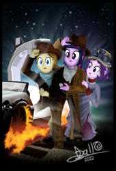 Size: 2593x3823 | Tagged: safe, artist:tidmouthmilk12, imported from derpibooru, starlight glimmer, twilight sparkle, oc, oc:tidmouth milk, human, equestria girls, back to the future, back to the future part 3, car, delorean, equestria girls-ified, female, high res, male, movie poster, trio, vector