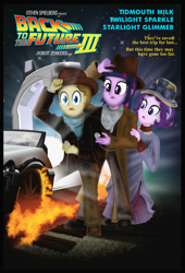 Size: 2593x3823 | Tagged: safe, artist:tidmouthmilk12, imported from derpibooru, starlight glimmer, twilight sparkle, oc, oc:tidmouth milk, human, equestria girls, back to the future, back to the future part 3, car, delorean, equestria girls-ified, female, high res, humanized, male, movie poster, trio, vector