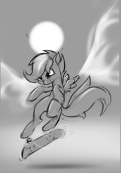 Size: 611x871 | Tagged: safe, artist:applepost67, imported from derpibooru, scootaloo, pegasus, pony, confident, female, filly, foal, monochrome, simple background, skateboard, skateboarding, sun