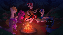 Size: 3840x2160 | Tagged: safe, artist:alicetriestodraw, imported from derpibooru, oc, oc only, alicorn, cyborg, pegasus, unicorn, armor, bandana, blanket, boulder, campfire, clothes, commission, eyepatch, female, fire, food, forest, giggling, glasses, grass, group, guitar, heterochromia, high res, horn, laughing, looking at each other, looking at someone, male, map, mare, marshmallow, moss, multicolored hair, musical instrument, night, outdoors, playing instrument, protogen, roasted marshmallow, roasting, rock, scar, scarred, sextet, socks, stallion, stick, tree, wings