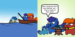 Size: 1436x720 | Tagged: safe, artist:fluttershank, imported from derpibooru, oc, oc:aqua sapphire, earth pony, merpony, boat, cannibalism, comic, crying, dialogue, fishing, fishing rod, foal, food, jewelry, seafood, simple background, speech bubble, squatpony, table, the grim adventures of billy and mandy, water