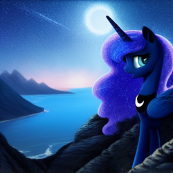 Size: 1024x1024 | Tagged: safe, editor:dovakkins, imported from derpibooru, princess luna, alicorn, pony, ai content, ai generated, beautiful, cliff, cute, female, fog, g4, generator:purplesmart.ai, generator:stable diffusion, jewelry, looking back, mare, missing accessory, night, ocean, open mouth, open smile, shooting star, smiling, solo, water