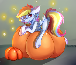 Size: 1500x1273 | Tagged: safe, artist:yuris, imported from derpibooru, rainbow dash, pegasus, pony, backwards cutie mark, ears back, female, frog (hoof), halloween, holiday, pumpkin, simple background, smiling, solo, spread wings, underhoof, wings