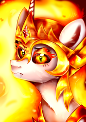 Size: 2150x3035 | Tagged: safe, artist:pozya1007, imported from derpibooru, daybreaker, princess celestia, alicorn, pony, bust, evil, eyebrows, female, frown, high res, mare, portrait, princess, solo