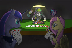 Size: 4000x2688 | Tagged: safe, artist:ciborgen, imported from derpibooru, fluttershy, princess celestia, princess luna, spike, starlight glimmer, alicorn, dragon, pegasus, pony, unicorn, cheating, glowing, glowing horn, horn, levitation, magic, mirror, poker, telekinesis, this will end in a trip to the moon