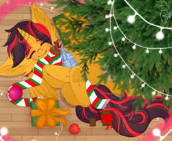 Size: 1280x1050 | Tagged: safe, imported from derpibooru, oc, oc only, alicorn, pony, robot, robot pony, 2021, 2022, amputee, big ears, christmas, christmas lights, christmas tree, clothes, cute, ear fluff, eyes closed, floor, happy new year, holiday, hooves, lying down, male, nap, new year, new years eve, paws, present, prosthetic leg, prosthetic limb, prosthetics, raised hoof, scarf, sleeping, solo, striped scarf, tree, yellow mane