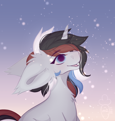 Size: 972x1022 | Tagged: safe, artist:macyw, imported from derpibooru, oc, oc only, oc:soothing song, pony, unicorn, big ears, blushing, bust, cute, dawn, fluffy, fur, gray, halfbody, portrait, sky, smiling, snow, snowfall, snowflake, solo, sunset, winter