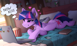 Size: 2530x1515 | Tagged: safe, artist:yakovlev-vad, imported from derpibooru, twilight sparkle, alicorn, pony, shark, bed, bedroom, bedroom eyes, blanket, book, colored, computer, cute, earbuds, female, folded wings, food, heart, lacrimal caruncle, laptop computer, lying down, mare, now kiss, on bed, pillow, plushie, popcorn, prone, shark plushie, shipper on deck, slim, smiling, smirk, solo, sternocleidomastoid, thin, thought bubble, twiabetes, twilight sparkle (alicorn), twilight the shipper, wings