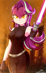 Size: 640x1020 | Tagged: safe, artist:the-butch-x, imported from derpibooru, starlight glimmer, human, equestria girls, angry, armpits, bare shoulders, breasts, busty starlight glimmer, clothes, female, gloves, lightsaber, looking at you, mara jade, orange eyes, reasonably sized breasts, sith, sleeveless, solo, star wars, tanktop, weapon, yellow eyes