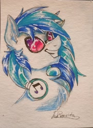 Size: 2311x3198 | Tagged: safe, artist:dankpegasista, imported from derpibooru, dj pon-3, vinyl scratch, pony, unicorn, blue hair, bust, colored pencil drawing, drawing, glasses, headphones, photo, portrait, solo, traditional art, vinyl's glasses