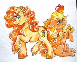 Size: 3000x2397 | Tagged: safe, artist:dankpegasista, imported from derpibooru, applejack, pear butter, earth pony, pony, apple, buttercup, duo, female, flower, flower in hair, food, full body, mare, mother and child, mother and daughter, painting, playing, proud, traditional art