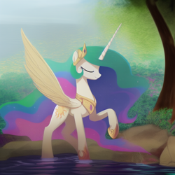 Size: 1024x1024 | Tagged: safe, imported from derpibooru, princess celestia, alicorn, pony, ai content, ai generated, crown, ethereal mane, ethereal tail, eyes closed, female, generator:pony diffusion v1, generator:stable diffusion, hoof shoes, horn, jewelry, long horn, long mane, long tail, mare, peytral, pond, princess shoes, prompter:siber, raised hoof, raised leg, regalia, rock, slim, solo, spread wings, tail, tree, water, wings
