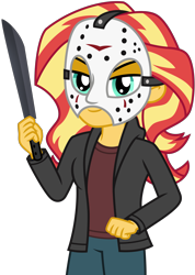 Size: 3245x4562 | Tagged: safe, artist:emeraldblast63, imported from derpibooru, sunset shimmer, human, equestria girls, clothes, female, friday the 13th, gloves, jason voorhees, knife, motorcross, simple background, solo, transparent background, vector
