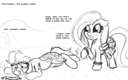 Size: 961x600 | Tagged: safe, artist:cosmonaut, imported from derpibooru, fluttershy, oc, oc:deary dots, earth pony, pegasus, pony, black and white, canon x oc, clothes, dialogue, eating, female, food, grayscale, lesbian, lying down, mare, monochrome, shipping, simple background, skirt, white background
