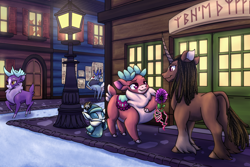 Size: 2400x1600 | Tagged: safe, artist:redahfuhrerking, imported from derpibooru, pomfy, oc, classical unicorn, deer, pony, reindeer, unicorn, winter sprite, them's fightin' herds, cloven hooves, commission, community related, curved horn, flower, horn, lamppost, leonine tail, magic, onomatopoeia, pomf, reine city, sidewalk, snow, tfh oc, unshorn fetlocks, velvet (tfh)